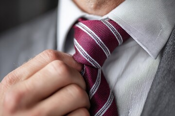 A close-up shot of a man in a suit adjusting a maroon and white striped tie, getting ready for work, focusing on the details of the formal attire.