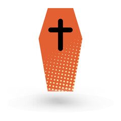 Halloween orange coffin with cross halftone front view vector illustration