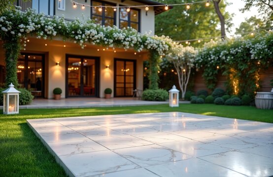 Outdoor luxury event setup with white tile dance floor on green lawn. Backyard patio features string lights, blooming climbing roses on house facade, glowing lanterns. Elegant garden party wedding