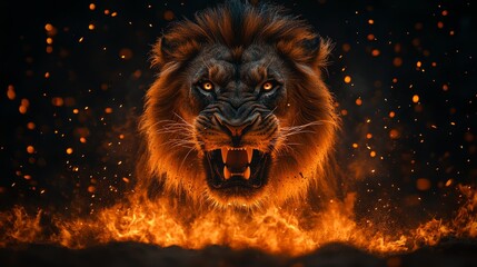 An angry lion with an open mouth. expression of anger. Portrait of a big male lion with open mouth on a dark background. 