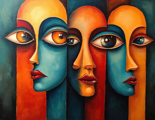 Abstract art features three stylized faces with large eyes in cubist style. Vibrant warm colors and bold lines create a surreal, modern look. Artwork suits creative projects.