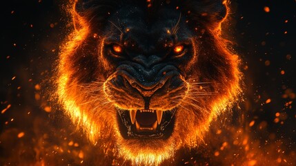 An angry lion with an open mouth. expression of anger. Portrait of a big male lion with open mouth on a dark background. 