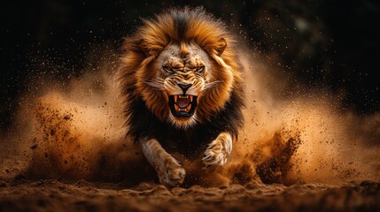An angry lion with an open mouth. expression of anger. Portrait of a big male lion with open mouth on a dark background. 
