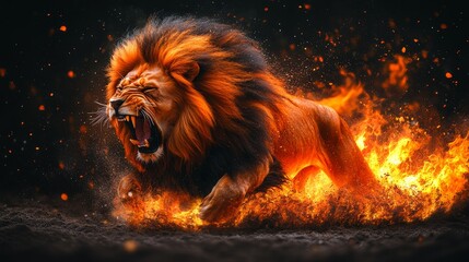 An angry lion with an open mouth. expression of anger. Portrait of a big male lion with open mouth on a dark background. 