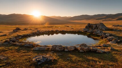 Scenic sunrise bathes a tranquil pool encircled by rocks in an expansive grassy landscape