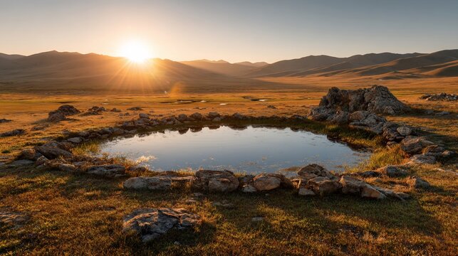Scenic sunrise bathes a tranquil pool encircled by rocks in an expansive grassy landscape - Powered by Adobe