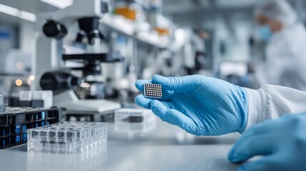 Scientist holds microchip in lab, analyzing electronics, with colleagues in background. Use for tech
