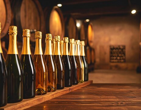 Rows of champagne bottles in a wine cellar - Powered by Adobe