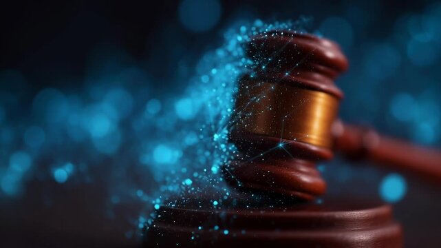 A wooden gavel with a blue and white background. The gavel is surrounded by a blue and white swirl pattern