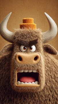 A brown, cartoonish bull with a wide open mouth, large horns, and a small hat