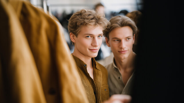 Fashion models wait nervously behind curtains as stylists fix garments, designers adjust fabric, photographers capture candid shots, and assistants prepare outfits, highlighting creative pressure
