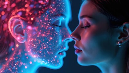 Two women faces close together with digital art. One face glows in blue with pink sparkles another in natural light. Concept shows tech and beauty.