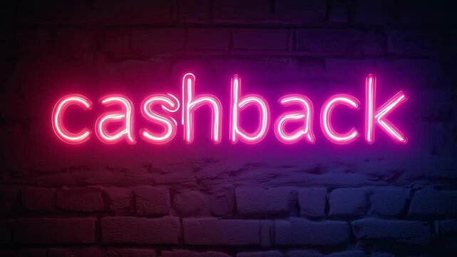A neon sign that says "Cashback" in pink letters. The sign is lit up and is hanging on a brick wall