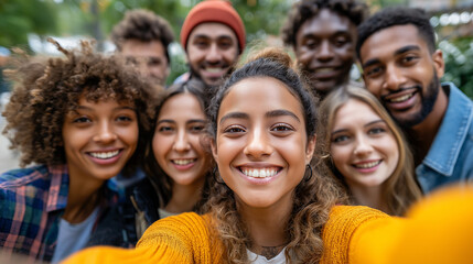 Obraz premium A group of young friends from diverse backgrounds, including plus-size individuals, taking a joyful selfie, diversity, inclusivity, interracial couples, plus-size models, friendshi