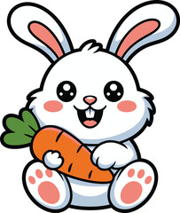 Obraz premium Cartoon bunny illustration, cute rabbit holding a carrot in playful vector style, adorable animal character for kids design, nursery art, stickers, educational materials, and cheerful spring branding