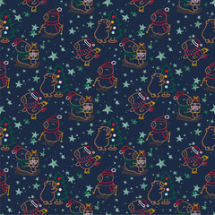 Naklejka premium Festive Christmas Scene Adorable Capybara Characters and Holiday Elements on a Dark Blue Surface