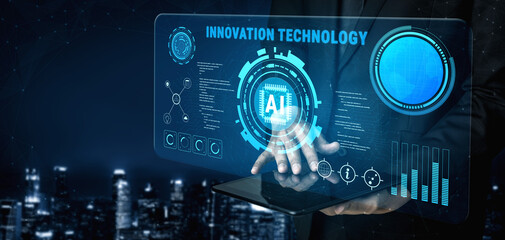 Innovation technology driven by Artificial Intelligence (AI). A concept of future tech development, machine learning, and business process automation. Motif