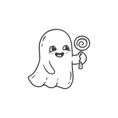 cute halloween ghost. Sketch of ghost on white background. Funny ghost with candy in doodle style.Vector illustration