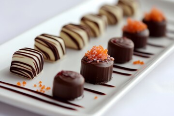 Assorted gourmet chocolates on white plate with decorative toppings