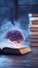 Glowing brain emanating from a book, with a stack of books in the background. Soft, moody light