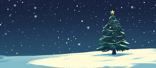 Snow covered Christmas tree background with copy space