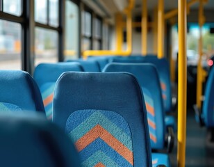 Empty modern city bus interior shows blue passenger seats with colorful patterned fabric, yellow poles. Grab handles line clean vehicle. Public transport awaits urban travelers in commuter coach,