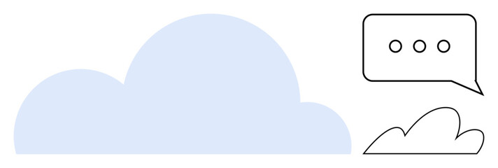 Speech bubble with three dots alongside large and small cloud graphics. Ideal for digital communication, messaging, cloud storage, technology, connectivity, simplicity, modern concepts. A simple flat