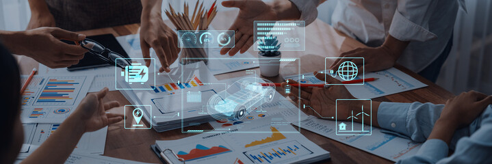 A dynamic business meeting scene showcasing teamwork and collaboration. Digital interface elements blend with documents and charts, emphasizing data-driven decision-making. Trope