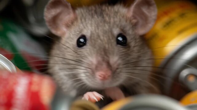 A small gray mouse is looking at the camera. The mouse is in a pile of trash, including a can of food