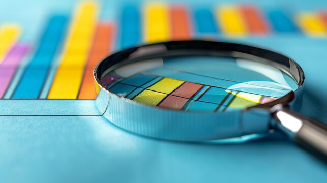 Vibrant bar graph analyzed through magnifying glass on a blue backdrop for enhanced insights