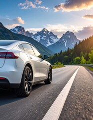 Fototapeta premium White sedan driving on a mountain road with snowy peaks