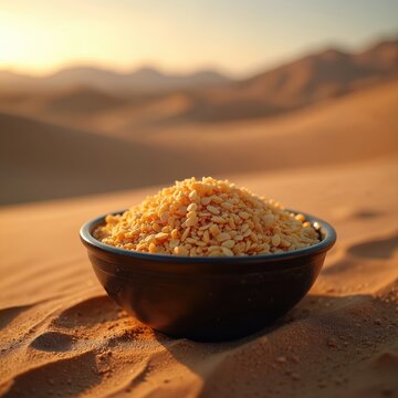 Bowl of manna flakes on desert sand dunes under sunlight. Food source in harsh environment. Close-up of grains against blurred scenic backdrop. Symbolic, nature scene.