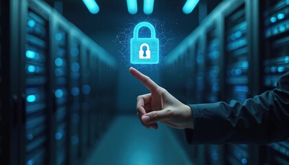Person touches digital padlock icon in server room. Data protection concept is shown in this photo. Symbol of network safety and information security is highlighted.