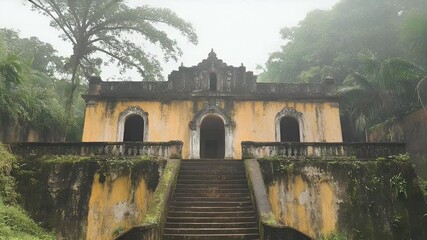 Mysterious Old Yellow Chapel with Grand Staircase Slowly Revealed Through the Jungle Fog - Powered by Adobe