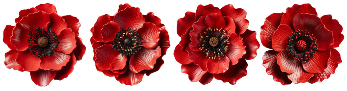 Red poppy flowers 3D rendering White Background. Memorial Day, large decorative red poppy-like paper flowers with detailed petals and black centers, isolated white background