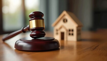 Judge gavel and wooden house model on desk. Court decision on property dispute, legal case about real estate ownership or sale. Justice concept.