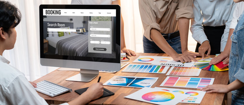 Online hotel accommodation booking website provide brisk reservation system . Travel technology concept . - Powered by Adobe