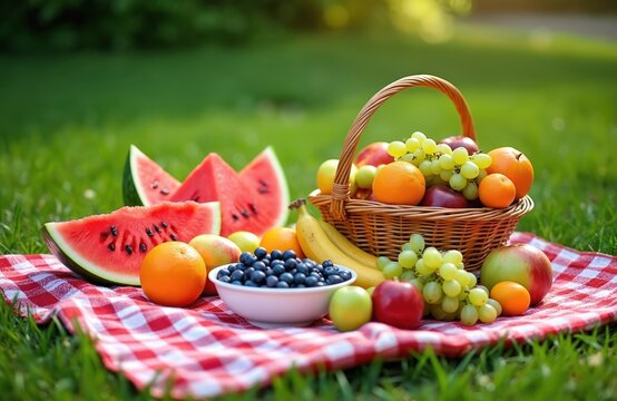 Summer fruits including watermelon, blueberries, grapes, oranges, apples, bananas arranged on red, white checkered blanket in green grass. Wicker basket overflows with fresh produce, ready for picnic