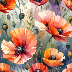 Watercolor poppy floral pattern