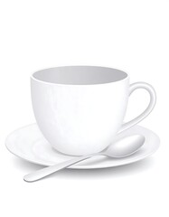 White teacup, saucer, and spoon on a white background