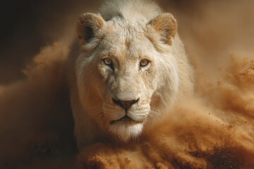 High speed photography of a running lion. Swirling dust , showcasing detailed motion.
