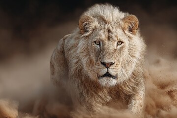 Dynamic image of a lion running fast at night, dust billowing, motion blur visible, intense and dramatic.
