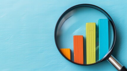 Vibrant bar chart viewed through magnifying glass on a blue backdrop for data visualization insights