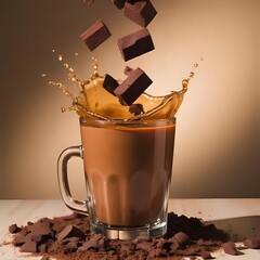 Pieces of dark chocolate fall into a glass of cocoa drink 