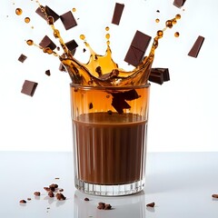 Pieces of dark chocolate fall into a glass of cocoa drink creating a beautiful splash