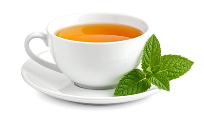 White teacup with mint leaves