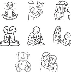 A Harmony of Moments: A collection of various monochrome illustration representing various activities to depict feelings of peace, care, love, or friendship.