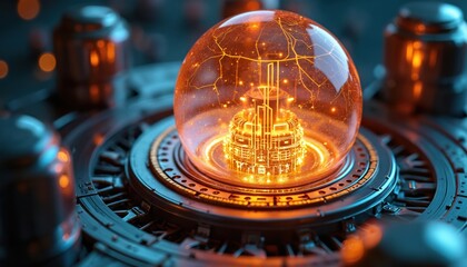 Bright orange core glows in glass sphere. Intricate circuitry lights dark machine. Energy flow suggests quantum computing. Futuristic hardware represents AI intelligence, data security, digital