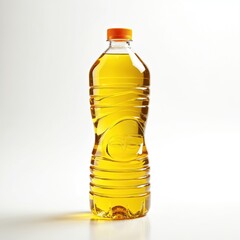 Clear plastic bottle with orange cap filled with golden cooking oil. The product is isolated on a white background, ready for kitchen use. Useful for recipes and food prep.