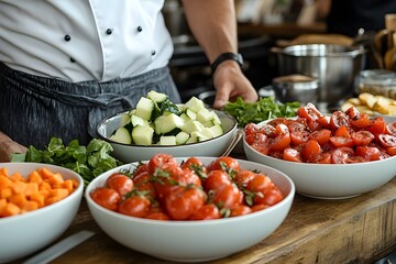 Chef talking to waiter in restaurant kitchen about dish preparation and ingredients